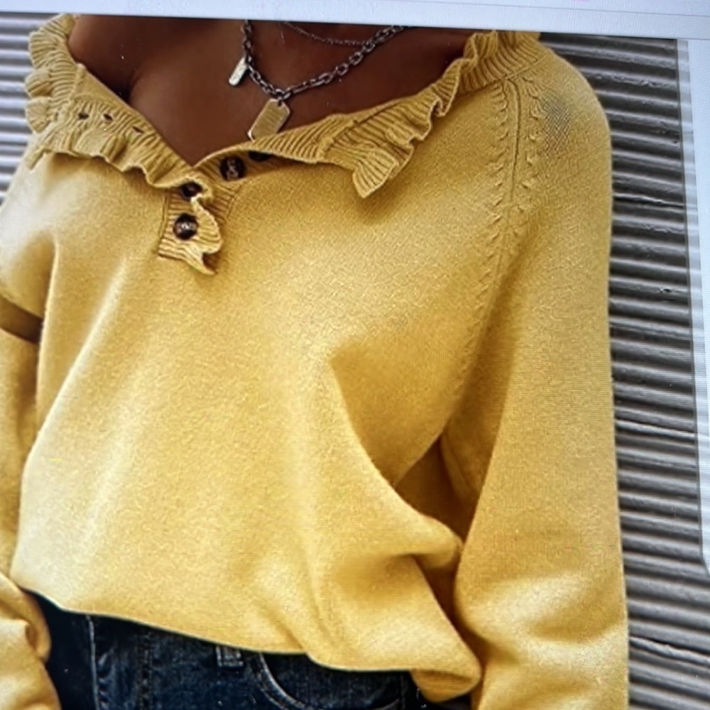 BTFBM Sunshine Yellow sweater w/ruffle neck & Cuffs. Size Medium. 7 Buttons.